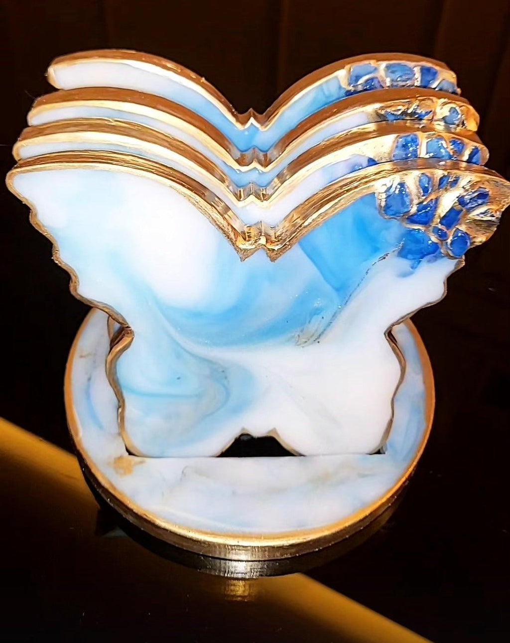 Butterfly Coasters 🦋  - Marbled Ocean Blue / Pearl White / Metallic Gold