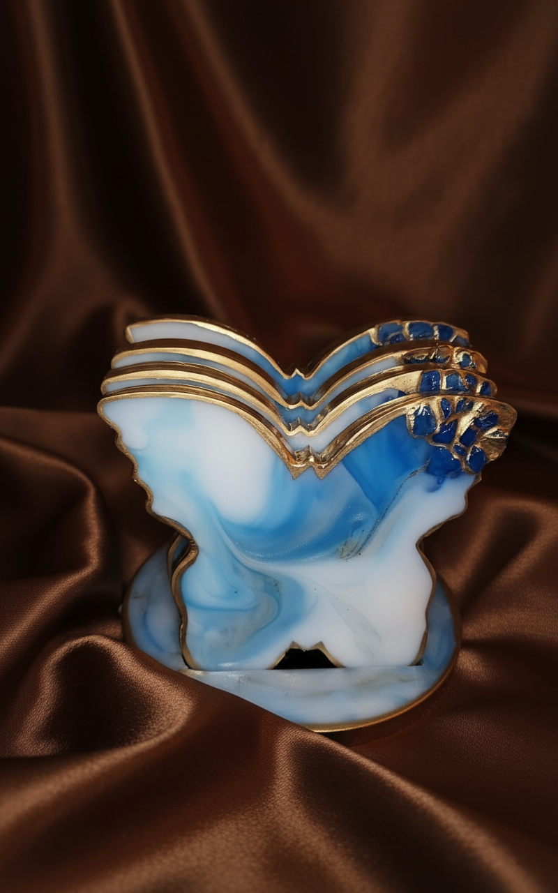 Butterfly Coasters 🦋  - Marbled Ocean Blue / Pearl White / Metallic Gold
