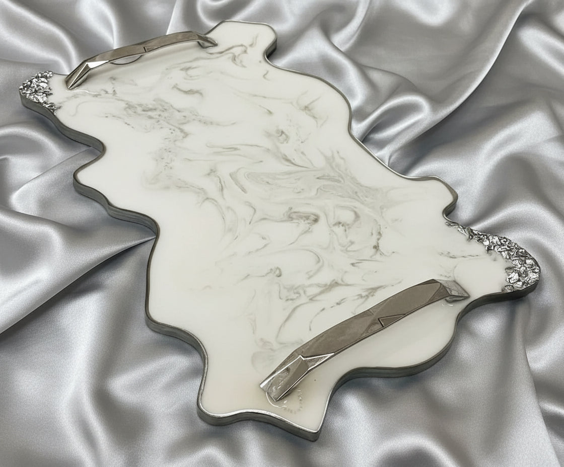Marbled Geode Tray 〰️  Metallic Silver / Pearl White