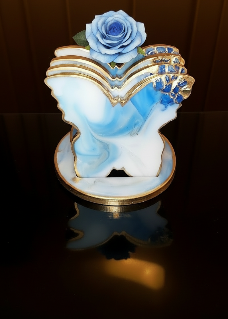 Butterfly Coasters 🦋  - Marbled Ocean Blue / Pearl White / Metallic Gold